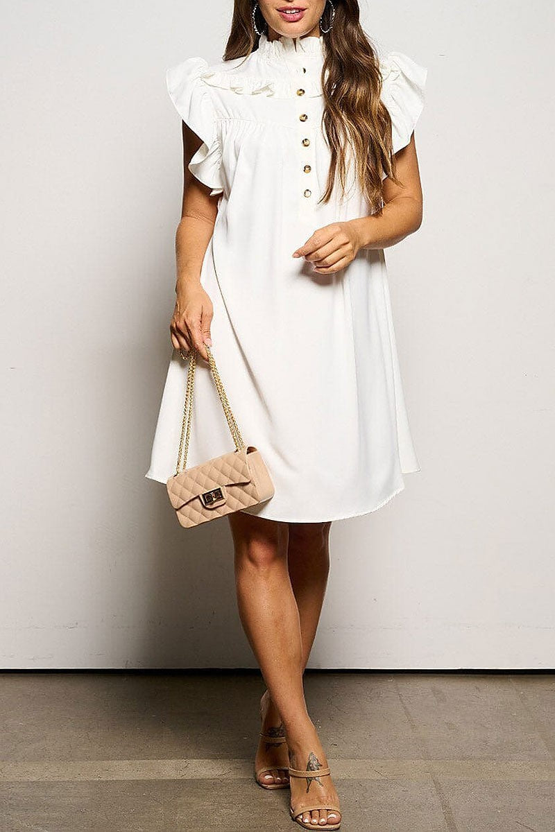 Ruffle sleeve button up mock neck pockets dress (EGWT1180)