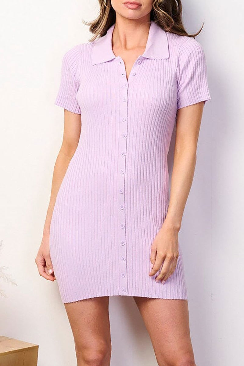 V-neck button closure bodycon ribbed mini dress (EFWT8811)