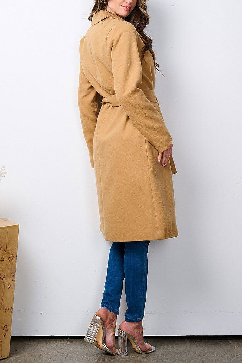 Long sleeve open front self tie coat (EFWT7227)