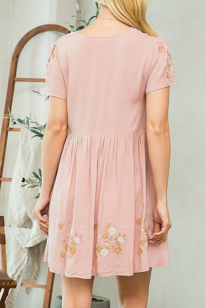 Floral embroidered ruched baby doll dress (DED7587)