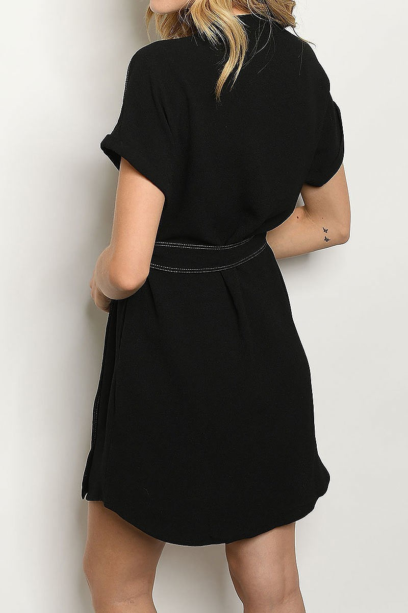 Waist tie pocket detail v neck dress (DED5438)