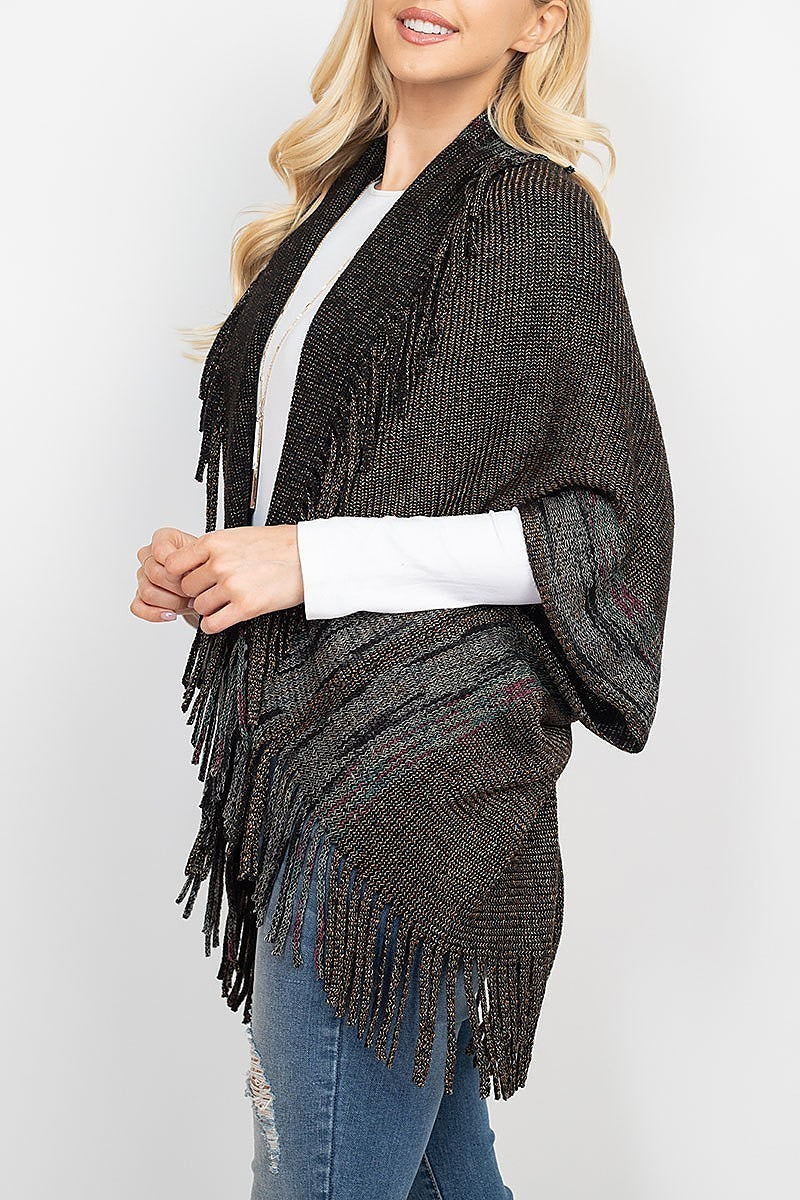 Borderline knitted fringe ruana kimono (DGS5294)