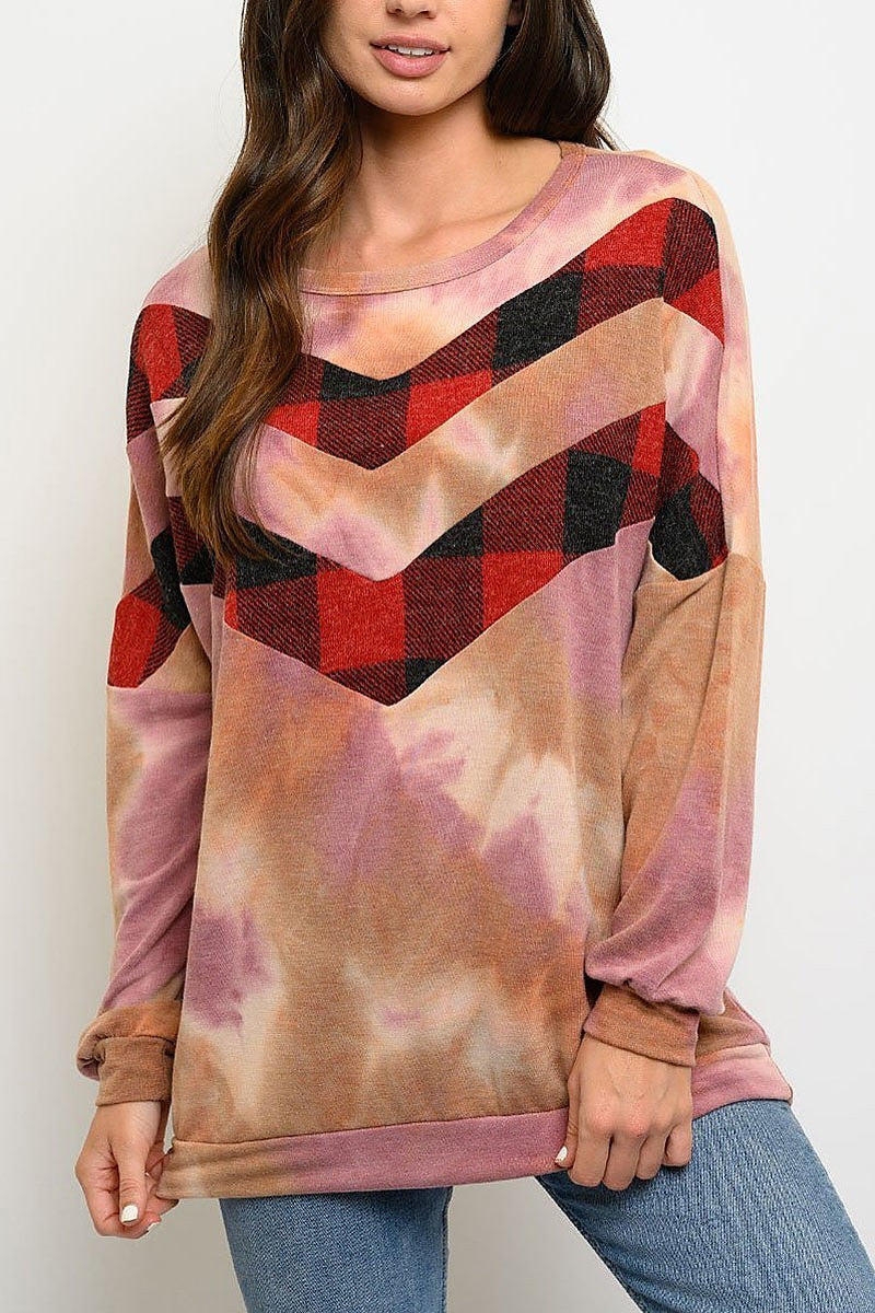 Plaid tie dye print long sleeve top (EDWT3298)