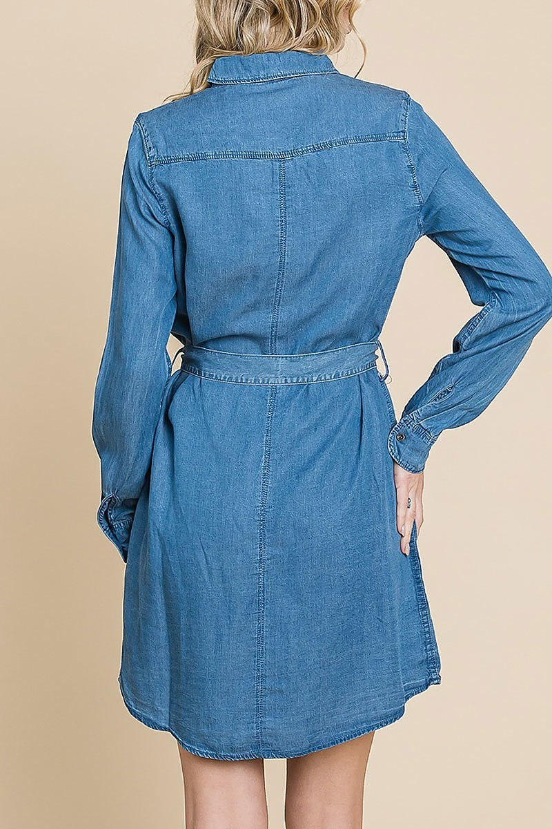 Chambray button-down collared dress with waist tie (EDH1633)