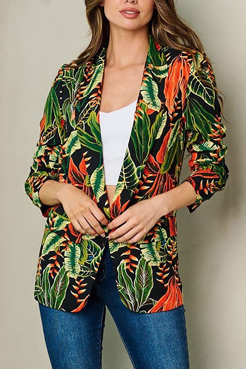 Quarter sleeve open front multi print blazer (EFWT2833)