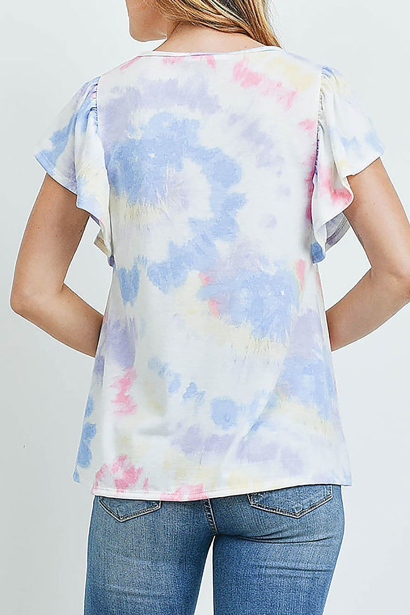 Tie dye flutter sleeve round neck top (ED9626)