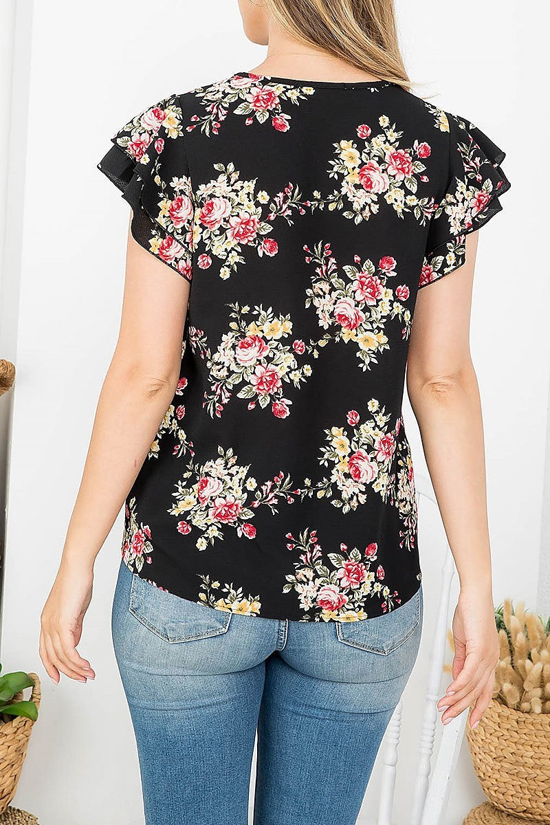 Floral ruffle sleeve round neck blouse (EF4375)