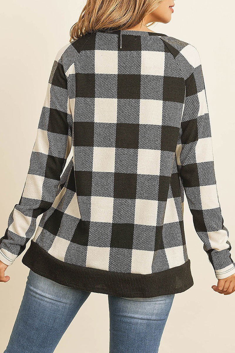 Checker plaid v neck long sleeve top (ED8092)