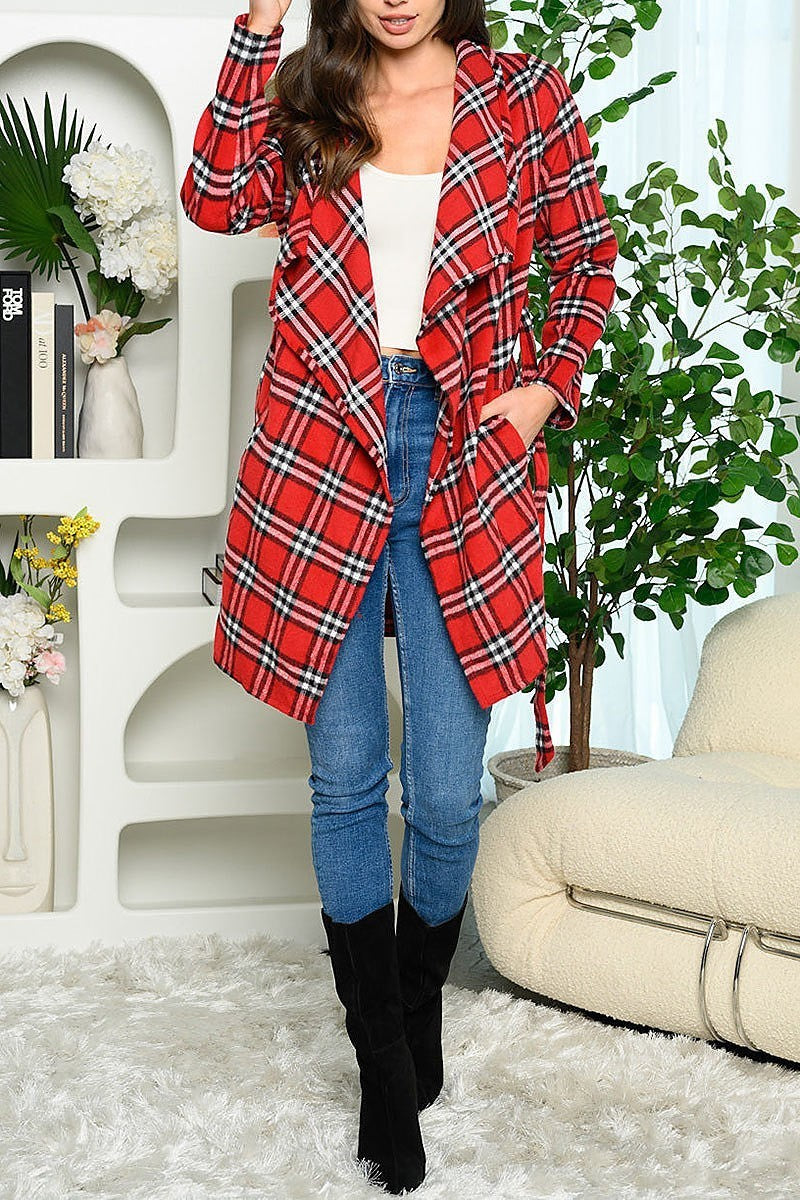 Long sleeve pockets plaid self tie cardigan (EDWT5884)