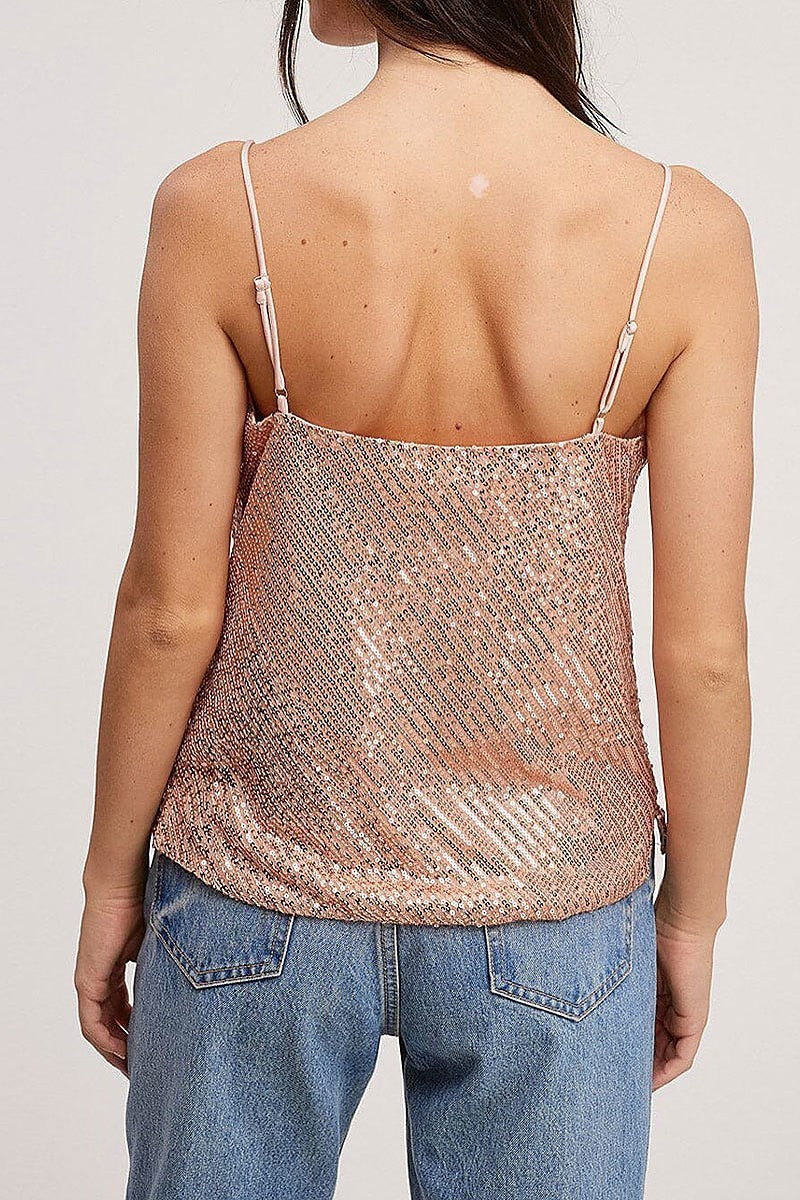 Sleeveless cowl neck sequins blouse top (EFWT5478)