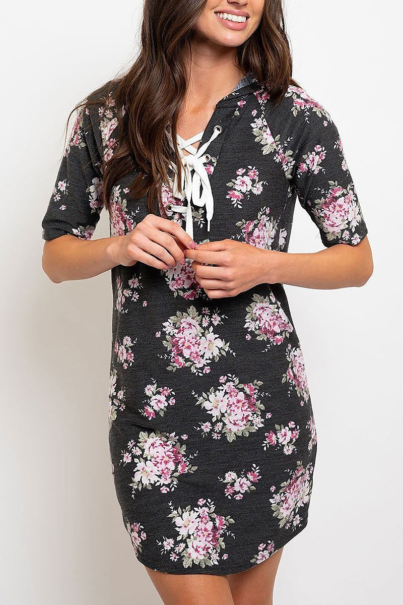 Floral print lace up neck hoodie tunic dress (EDWT2248)