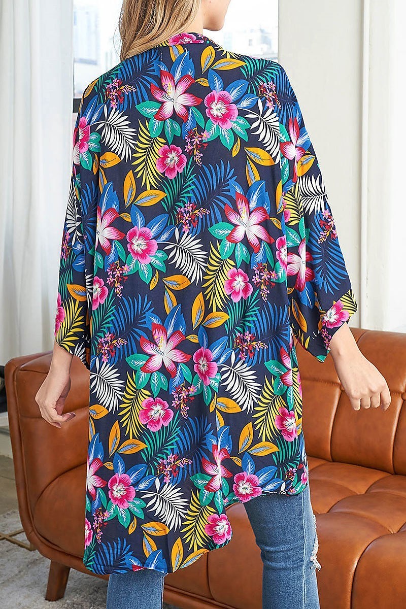 Tropical floral print open front bohemian kimono (EF3129)