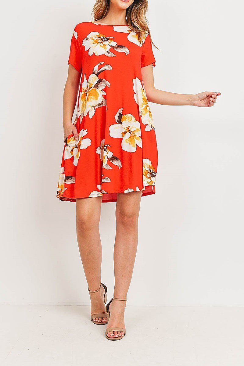 Painterly floral print round neck dress (DED6064)