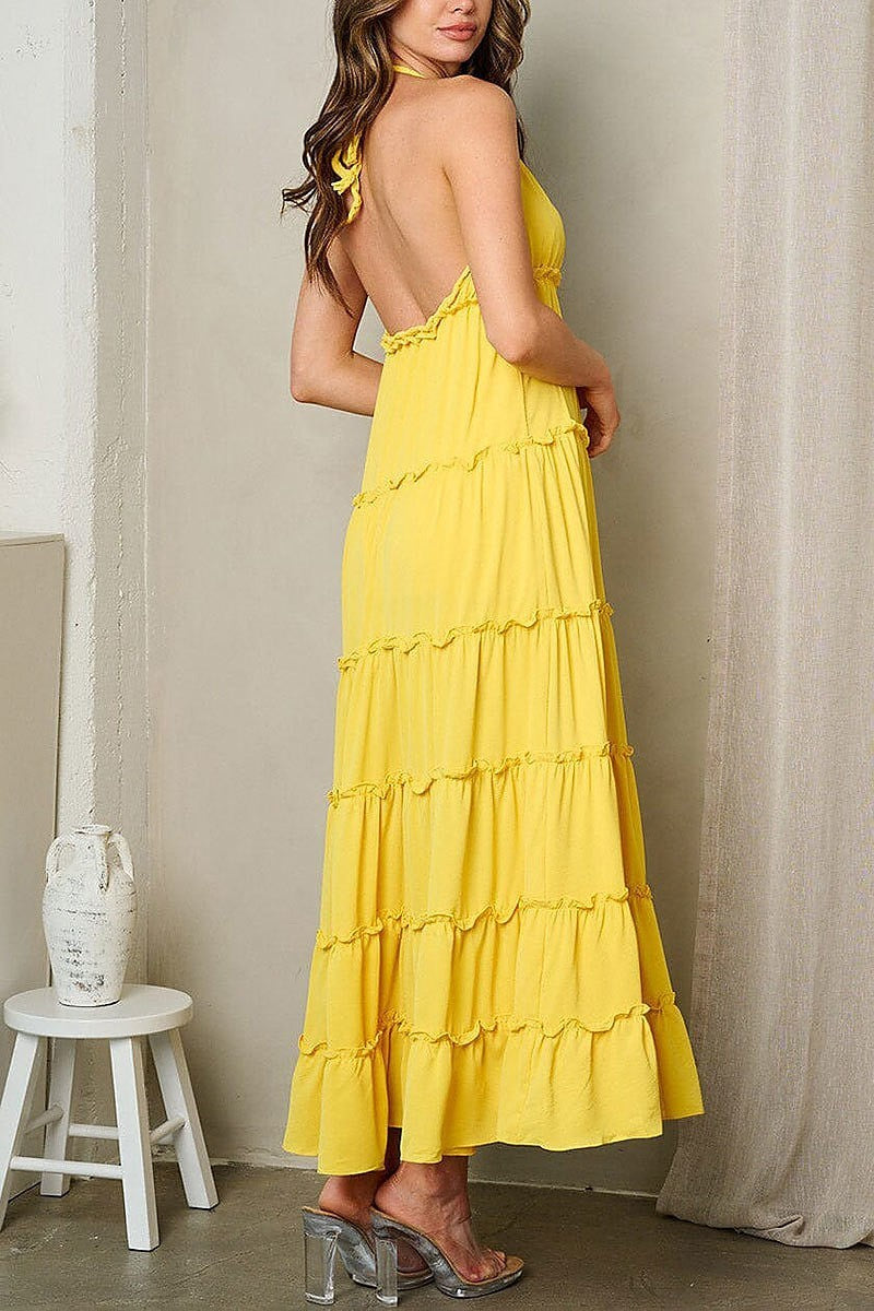 Sleeveless halter neck tieres open back maxi dress (EFWT2534)