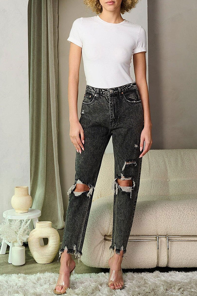 Button closure distress washed denim pants (EFWT9316)