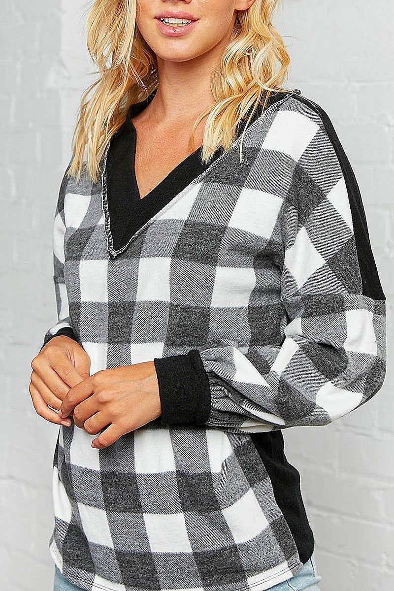 Plaid cashmere feel color block knit top (EDBM6599)