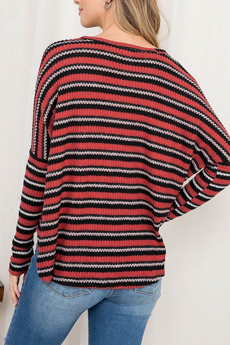 V neck button front waist tie multi stripe loose fit top (EF2550)