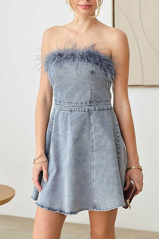 Strapless feather trim denim mini dress (TED2607)