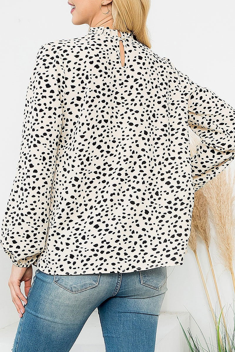 Puff sleeve merrow neckline animal print woven top (EF6829)