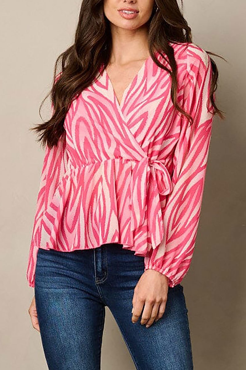 Long sleeve surplice self tie printed blouse top (EFWT1837)