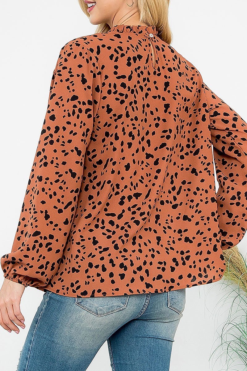 Puff sleeve merrow neckline animal print woven top (EF6828)