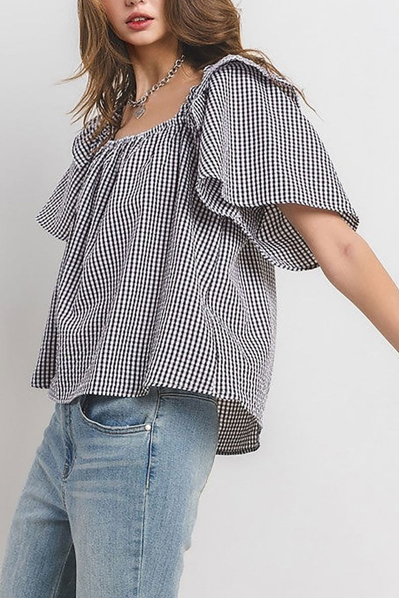 Gingham square neck ruffled blouse top (EDSW4494)