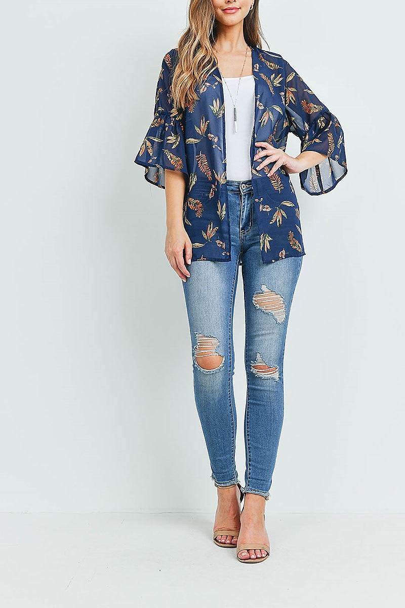 Leaf print sheer kimono top (ED9624)