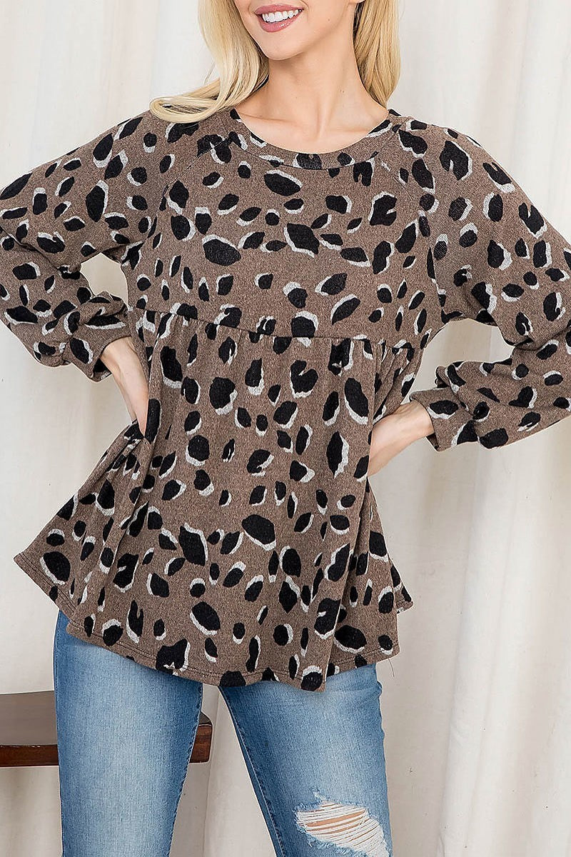 Puff sleeve leopard shirring top (EF2888)