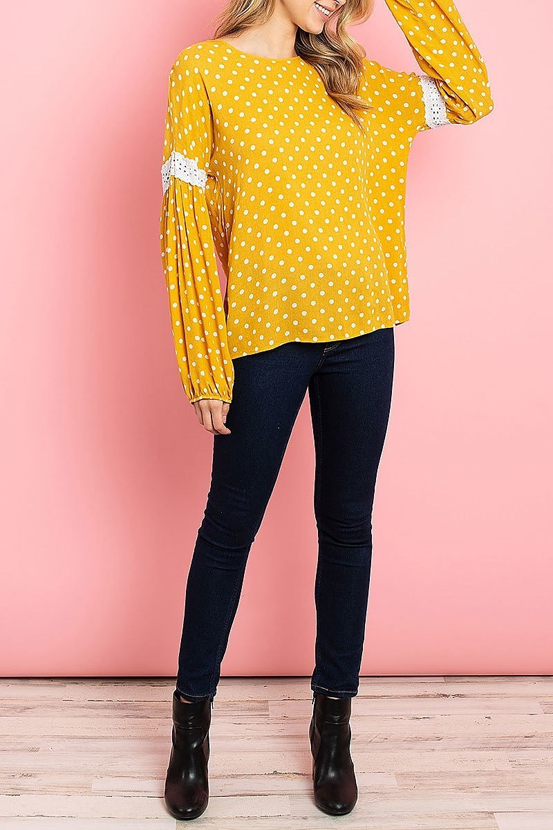 Lace trim bubble sleeve polka dot print top (ED7963-1)