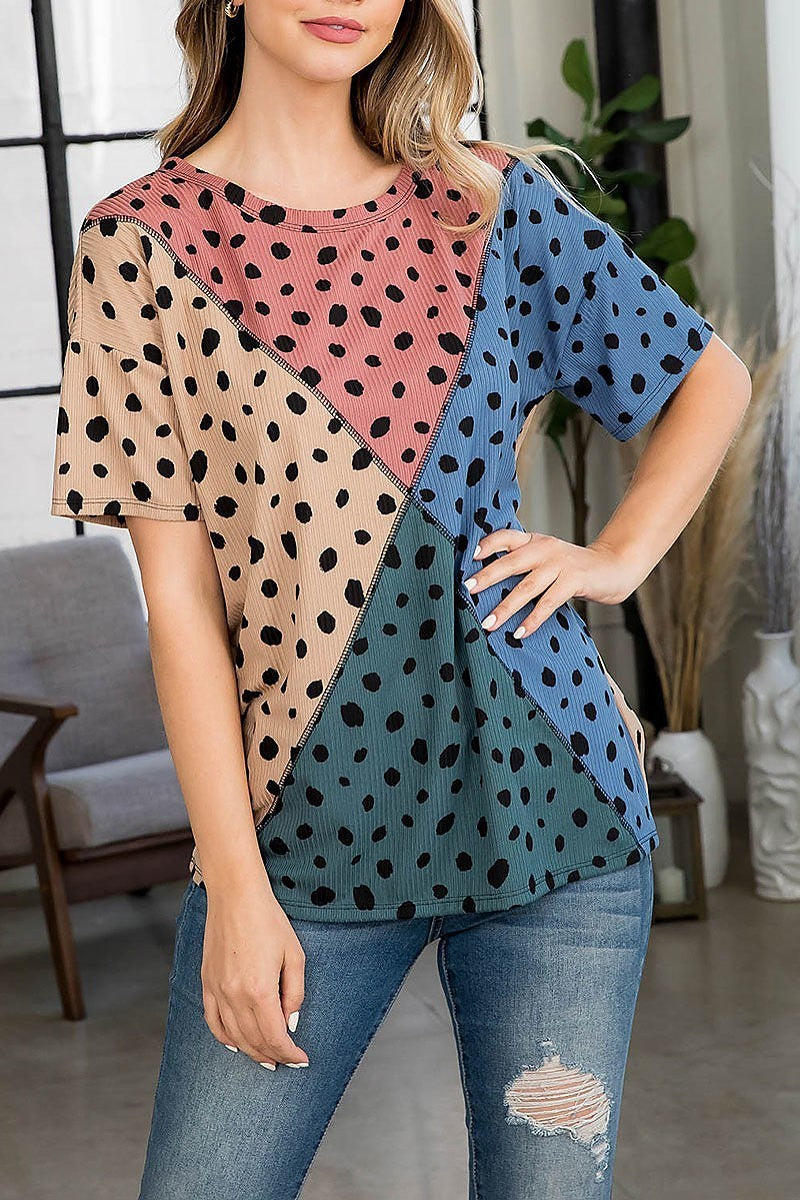 Animal print color block overlock stitched top (EF3410)