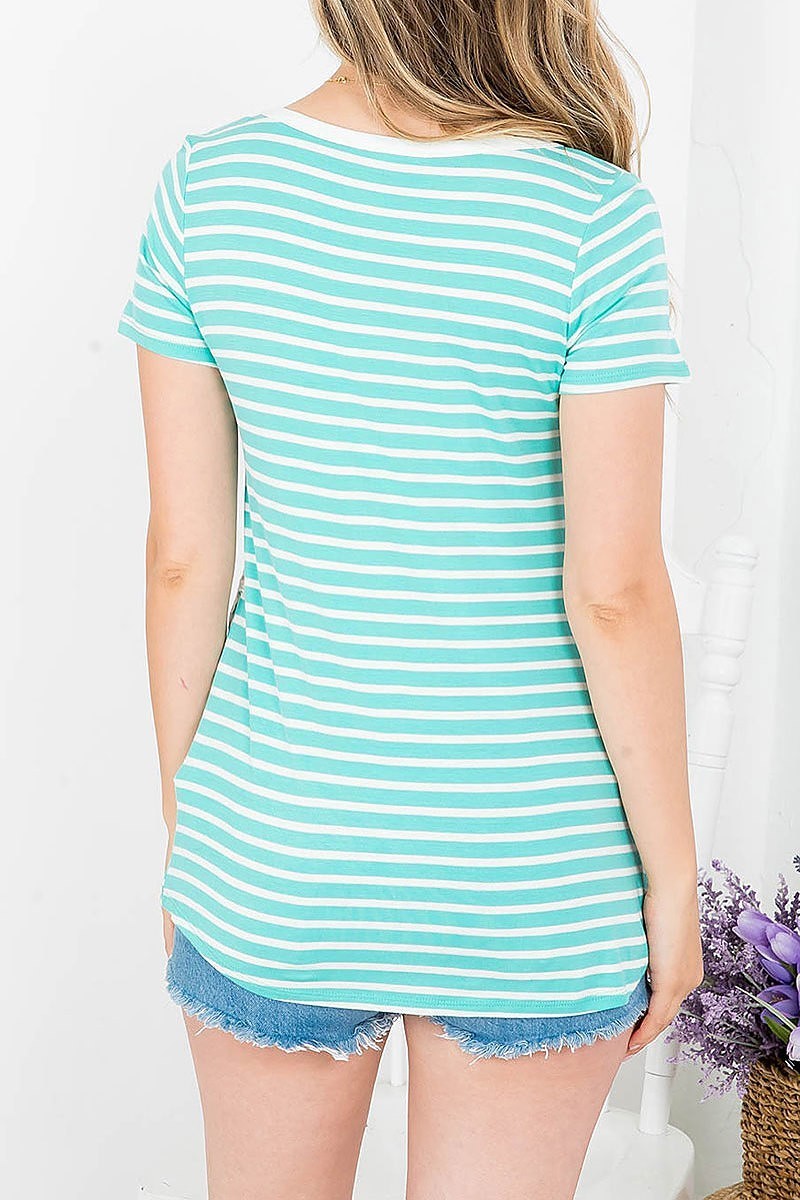 Lace trimmed stripe round neck top (EF3886)