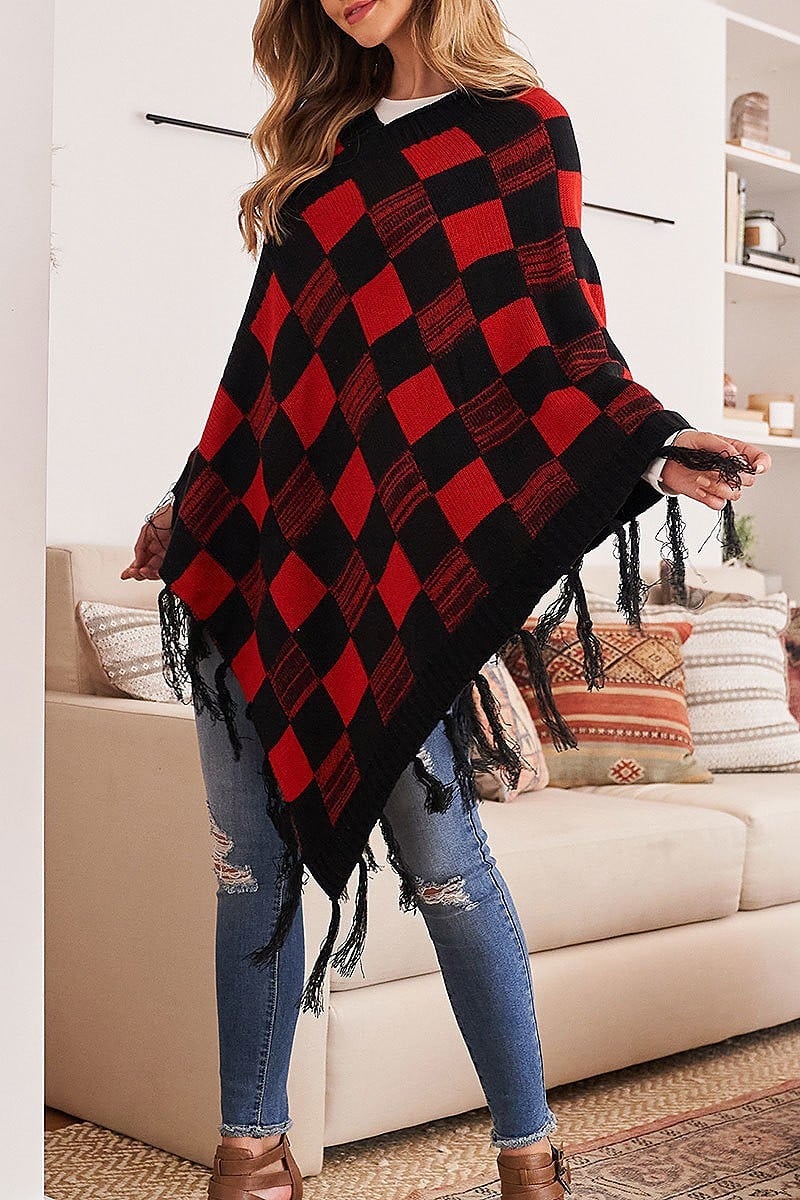 Plaid fringe poncho (DGS5313)