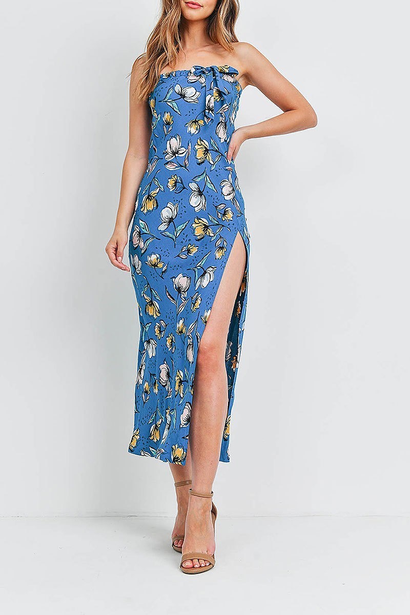 Bow detail floral print strapless maxi dress (DED6549)