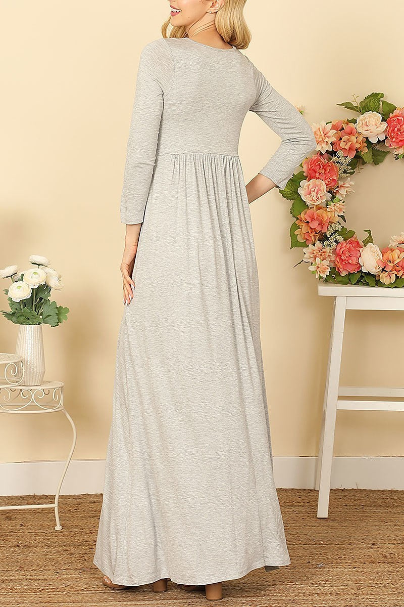 Quarter sleeve pleated waist solid maxi dress (DED9442)