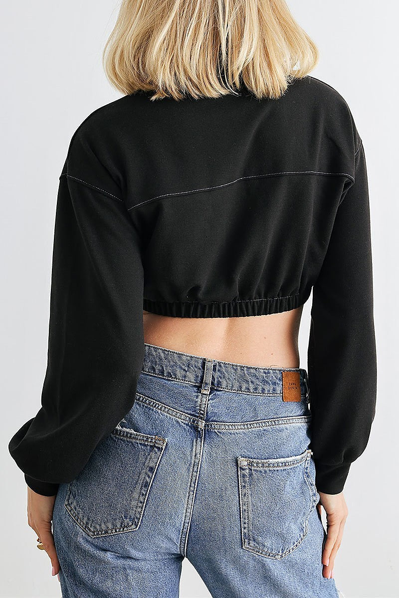 Zip up mock neck elastic waist crop top (TED1990)