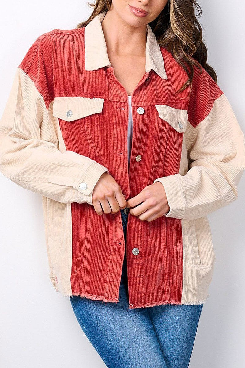 Long sleeve button up colorblock corduroy jacket (EFWT7642)