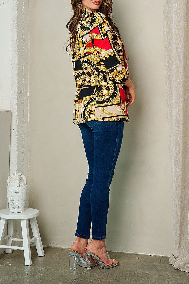 Quarter sleeve open front multi print blazer (EFWT2830)