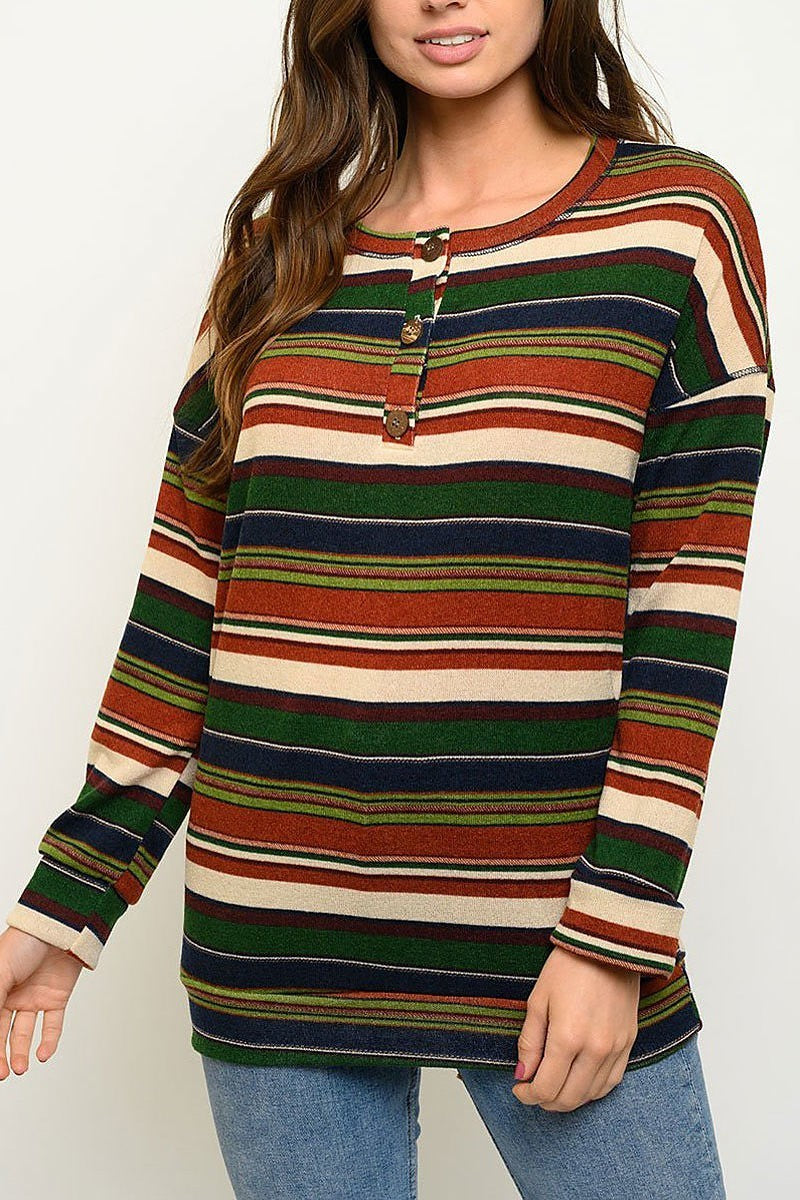 Long sleeve button trimmed stripe top (EDWT3019)