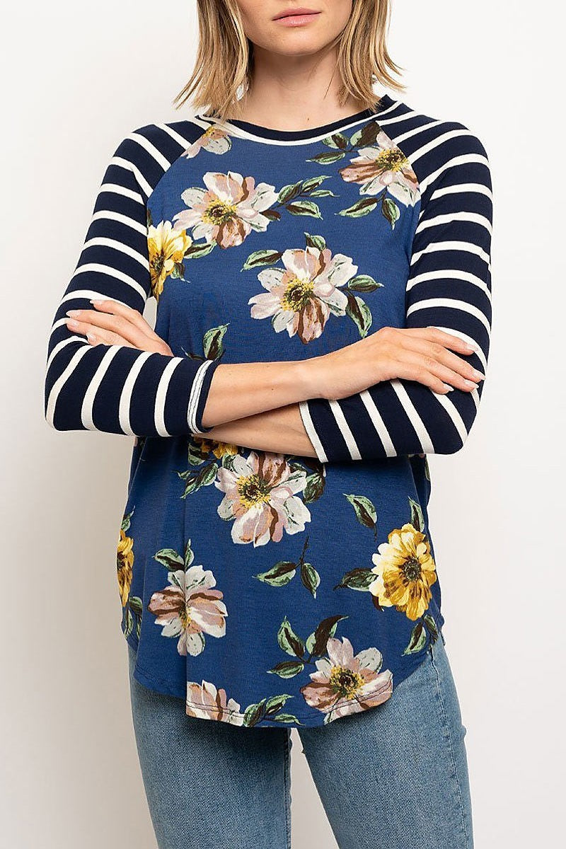 Floral print stripe sleeve color block top (EDWT2349)