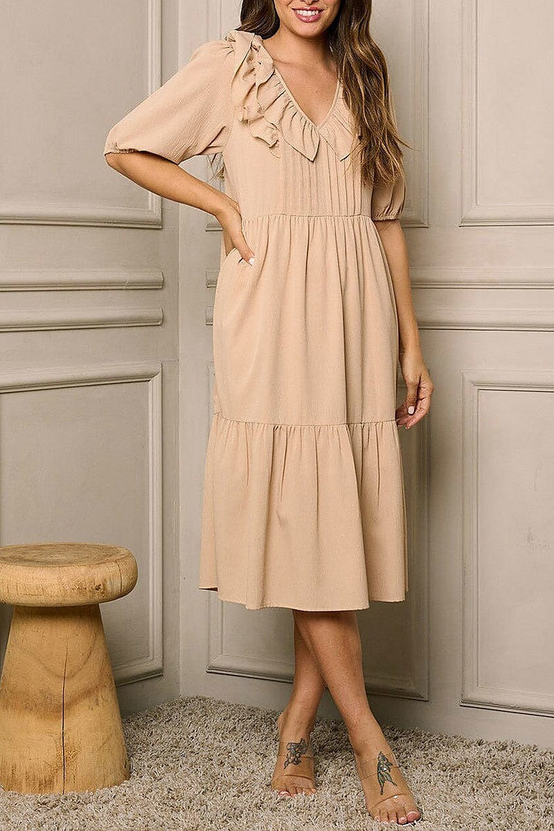 Short sleeve v-neck tiered midi dress (EFWT6405)