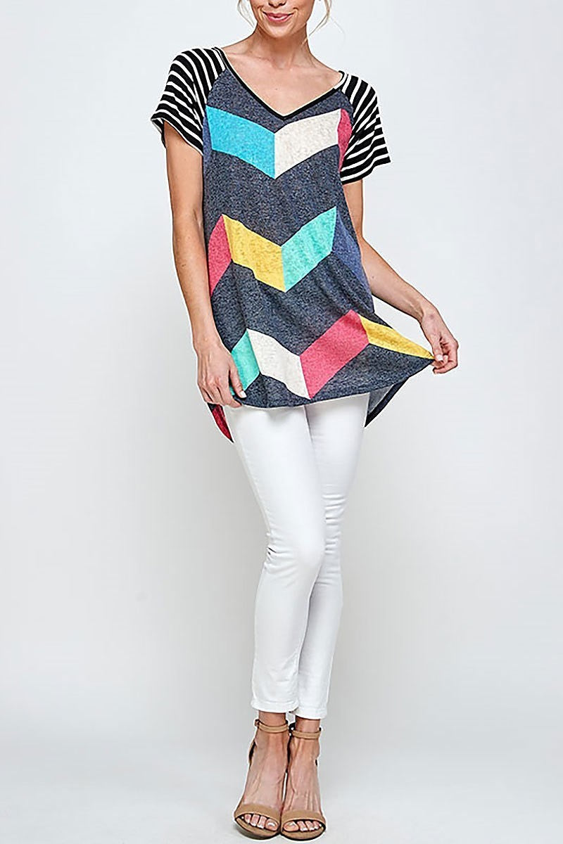 V neck geo stripe color block top (ED9193-LAST)