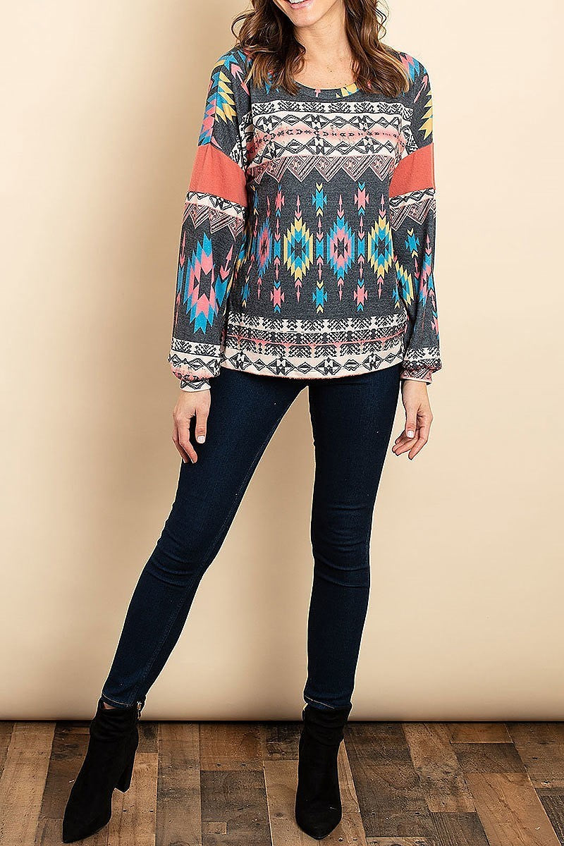 Color block aztec tribal print top (ED8018)