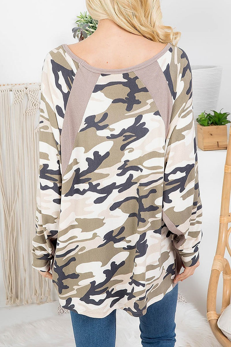 Color block camo v neck top (EF2838)