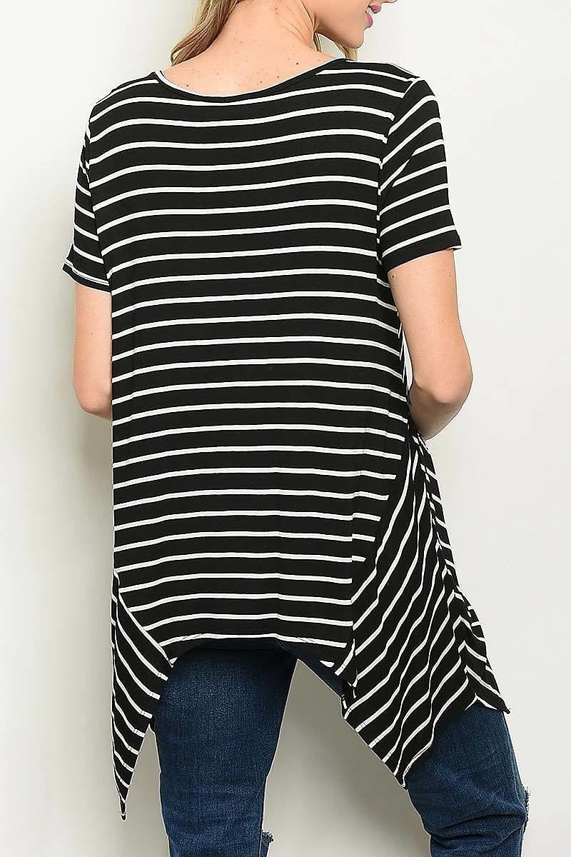 Shark bite hem detail v neck stripe top (ED4238-LAST)