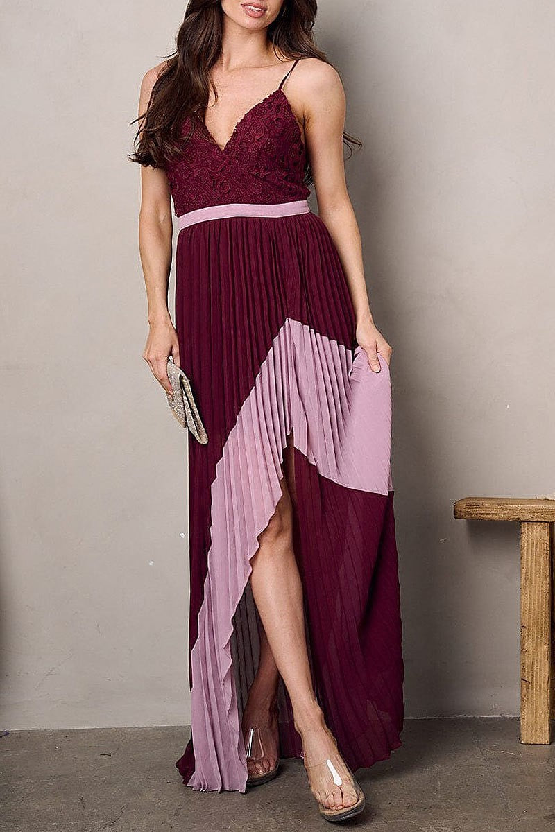 Sleeveless v-neck front slit pleated colorblock maxi dress (EFWT2278)