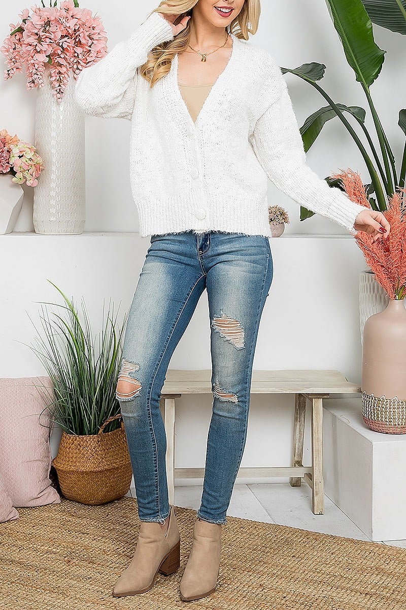 V neck long sleeve button down knit sweater (DGS6032)