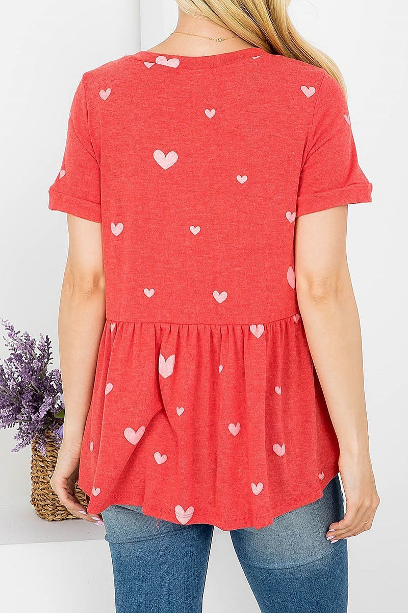 Heart print button trimmed baby doll top (EF4149)