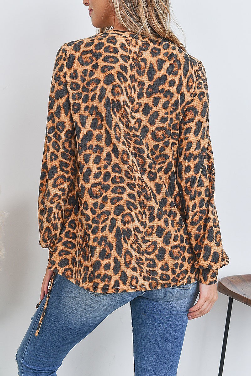 Leopard puff sleeve tie detail tunneled top (EF2694)