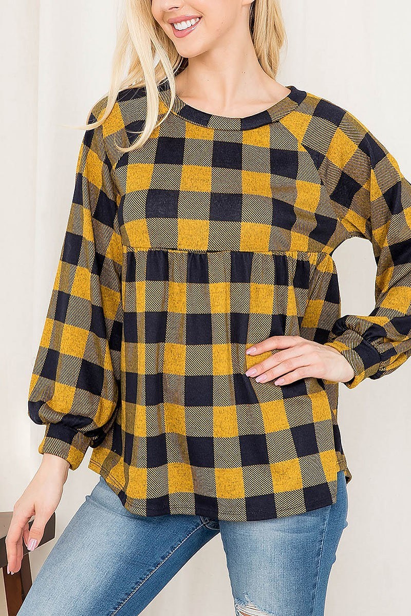 Puff sleeve plaid shirring top (EF2896)