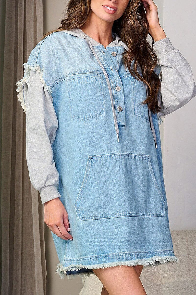 Long sleeve front pockets hooded denim mini dress (EFWT8154)